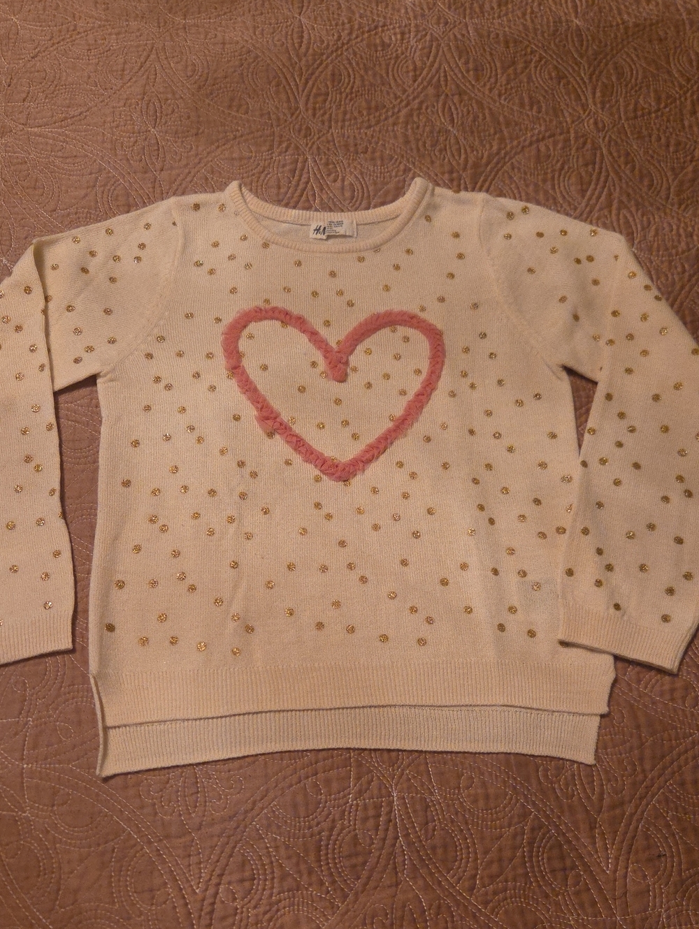 H&M Cream Crewneck Sweater For Girls with Pink Heart and Gold Dot Embellishments
